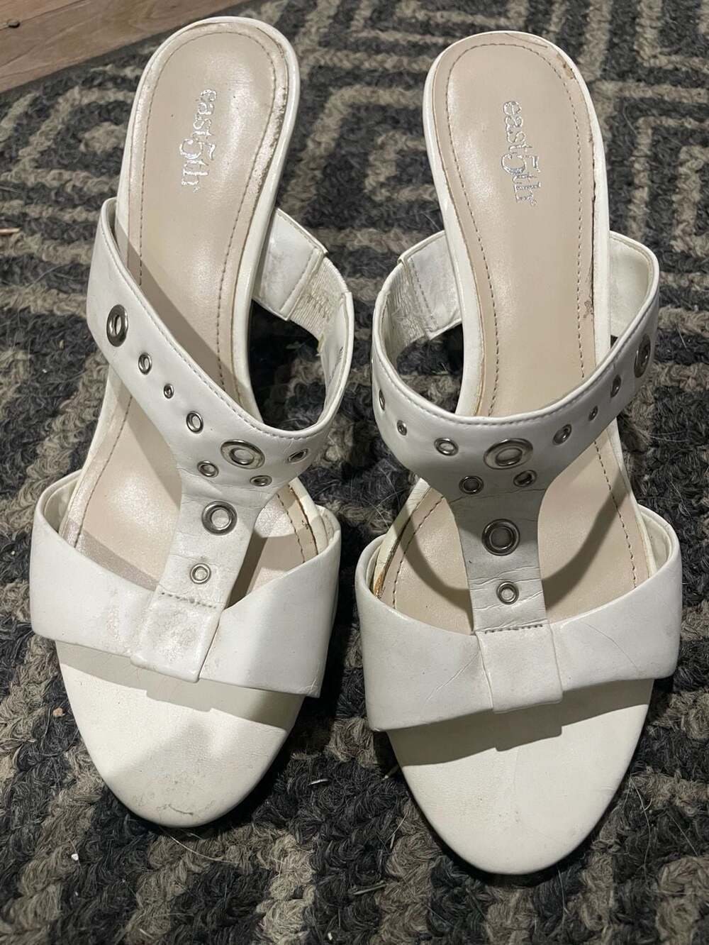 East 5th White Grommet Studded T-Strap Heeled Sandals